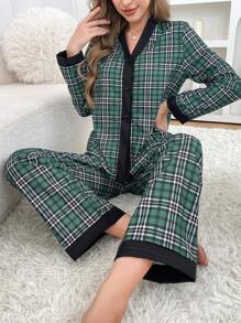 Conjunto de pijama informal de mujer con cuello en V a contraste y estampado de cuadros