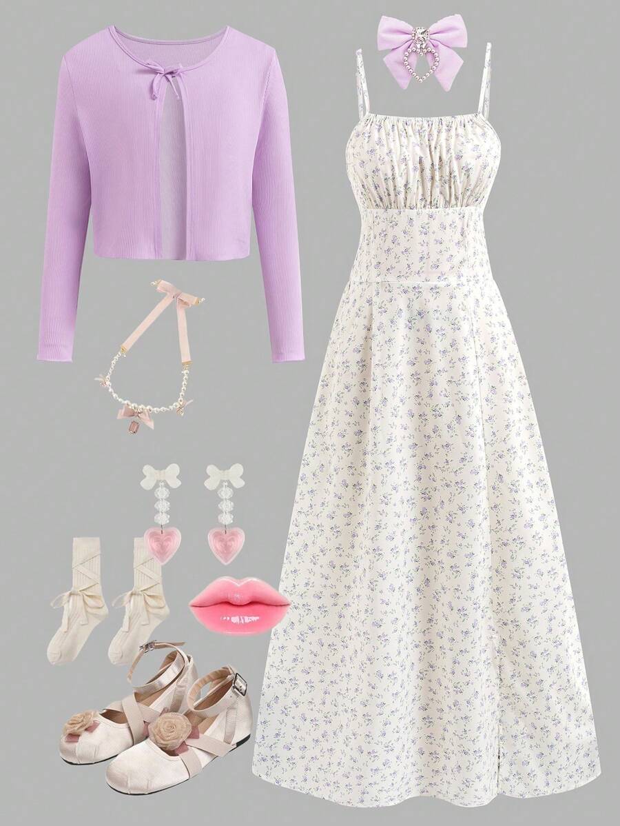 Sparklyn 2 件套青少年女孩碎花吊带连衣裙配开衫，休闲服装适合乡村度假春季 - 紫色 - 查看 1