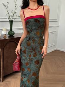 EastFlair Floral Print Spaghetti Strap Backless Split Dress Chinese Style Patterns