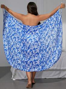 Swim Lushoire Plus Size Women Elegant Floral Pattern Adjustable Strap Cover Up Cover Up, Suitable For Beach Resort For Summer Beach Vacation - Blue - View 5