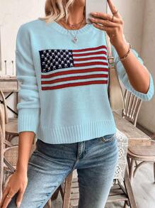 SHEIN LUNE Casual US Flag Pattern Drop Shoulder Sweater, Autumn/Winter Knit Pullover Fall - Blue - View 7