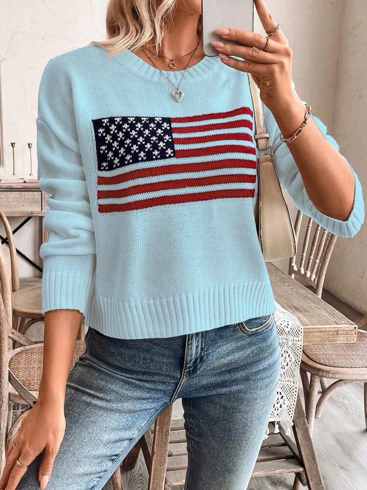 SHEIN LUNE Áo len trễ vai họa tiết cờ Mỹ thường ngày, áo chui đầu dệt kim thu/đông - Màu xanh lam - Xem 7