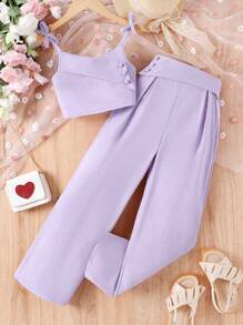 2pcs Vacation Chiffon Tank Top & Pants Set For Teen Girls - Dusty Purple - View 1
