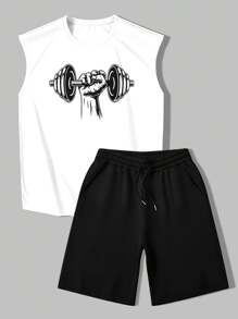 Manfinity Dauomo 男士夏季休闲哑铃印花背心和短裤套装