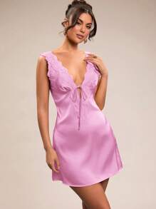 SHEIN BAE Elegant Sexy V-Neck Lace Patchwork Satin Mini Dress, Suitable For Spring/Summer, Autumn/Winter, Suitable For Valentine's Day, Party, Romantic Date, Bridesmaids, Dance, Daily Work, Red Dress