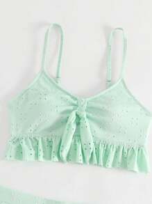 SHEIN Swim 2 件套女士夏季海滩纯色激光切割刺绣扭纹前比基尼泳装带迷你裙 - 薄荷綠 - 查看 5