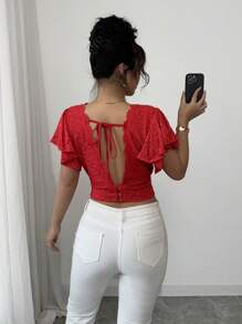 Calvaya Vrouwen Elegante Rode Kant Criscross V-hals Strik Voorkant Ruffle Mouw Blouse Top