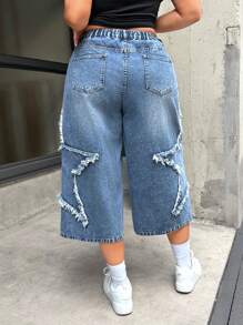 SHEIN EZwear Plus Size Loose Straight Leg 7/8 Length Jeans, Blue,Distressed Punk & Adventure Five-Pointed Star Patch Denim ,Spring Summer Clothes,Saint Patrick / St Patrick Day, Summer / Summers / Summer Clothes,Springs For Women / Spring,Summers For Women / Summer / Summer Clothes / Cute Summer Tops,Easter Dress / Easter / Easter Women,Concert Women / Raves / Raves Festival / Country Concert / Nashville / Ibiza,Western Wear Women / Western / Western Clothes For Women,Cowgirls For Women / Rodeos For Women / Cowgirl,Beach For Woman / Beach, Brunch For Women - Blue - View 2
