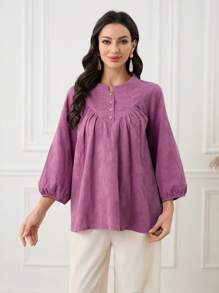 Mulvari Women Casual Solid Color Jacquard Lantern Sleeve Blouse