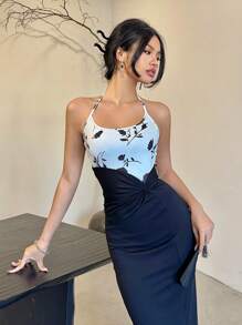 EastFlair Women's Long Floral Print Ruched Waist Bodycon Dress - Black - View 1