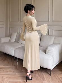 DAZY 优雅不对称领口喇叭袖连衣裙，女士舞会礼服，秋季服装长袖连衣裙 - 米色 - 查看 2