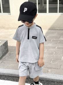 SHEIN 2 pezzi/set Completo ricamato casual e comodo per bambini con maglietta a maniche corte e pantaloncini, in colori a contrasto, ideale per scuola, giardino, spiaggia, compleanni, primavera, estate, autunno, inverno