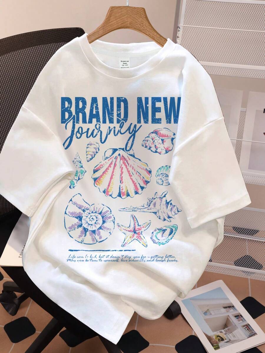 SHEIN Leap Crew Teen Girls' Casual Loose Knit Ocean Animal & Shell Print Oversized T-Shirt, Suitable For Summer - White - View 1