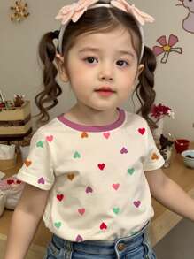 SHEIN Cute Colorful Heart Print Young Girl Casual Simple Round Neck Short Sleeve T-Shirt, Suitable For Summer