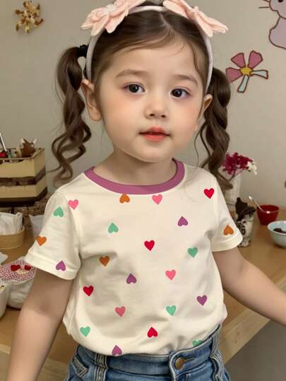 SHEIN Camiseta de manga corta y cuello redondo sencilla y casual con estampado de corazones coloridos, apropiada para el verano, para niña