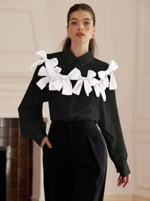 GENKIRA 法式风格甜美浪漫双色 3D 蝴蝶结装饰女童长袖衬衫女士秋季衬衫，节日派对服装可爱有趣的纽扣衬衫女士 - 彩色 - 查看 6