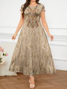 Al Najma Casual Minimalist Vintage Pattern Loose Fit Round Neck Plus Size Dress, Suitable For Summer - Multicolor - View 5