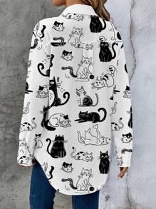 EMERY ROSE Camisa holgada de manga larga con estampado de dibujos animados minimalista casual, adecuada para el verano y para salir, blusas elegantes para mujer, casual - Blanco y Negro - Ver 2