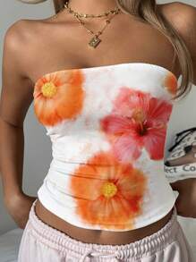 SHEIN EZwear 女士休闲全花卉印花抹胸短款上衣，适合夏季 - 白色 - 查看 3