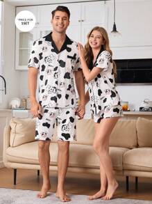 Men's Cute Cow & Letter Print Sleepwear Set - Black and White - View 5