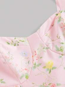 SHEIN MOD Vestido largo de verano para mujer con estampado floral romántico, con tirantes y cintura anudada. Vestido de estilo Bridgerton, vestido floral - Rosa Pálido - Ver 3
