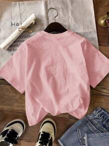 SHEIN Young Girl Casual Pattern Short Sleeve T-Shirt, Suitable For Summer - Coral Pink - View 2