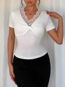 Chiquease Women V-Neck Lace Bodycon Short Sleeve Twist Front Top - White - View 4