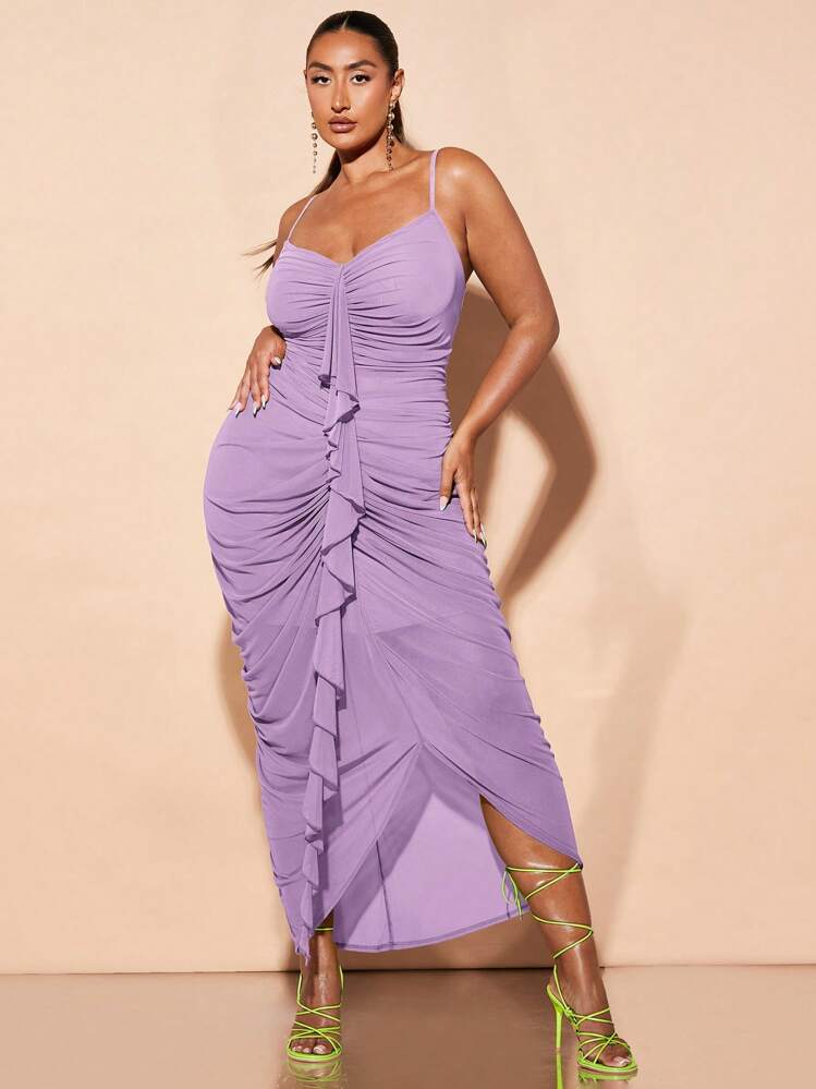 SHEIN BAE 加大码女式褶皱胸部修身性感优雅 V 领连衣裙，带荷叶边，适合春夏季度假海滩、女士生日礼服 - 淡紫色 - 查看 3
