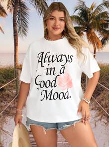SHEIN VCAY Maglietta casual a maniche corte con scollo tondo, stampa floreale e scritta, adatta per vacanze in spiaggia, taglie comode - Bianco - Visualizzare 6