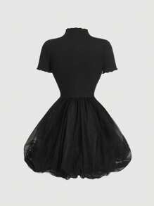SHEIN MOD Vestido mini de burbuja de manga corta, cuello alto y malla en color negro