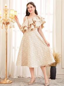 SHEIN Leap Crew Teen Girl Elegant Layered Ruffle Asymmetric Neck Mid-Length Dress - Apricot - View 3