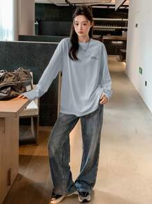 DAZY Women's Long Sleeve Drop Shoulder T-Shirt With Slogan Print - Blue - View 5