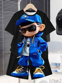 SHEIN Leap Crew Tween Boy Casual Minimalist Round Neck Short Sleeve & Shorts 2 Pieces Set, Suitable For Summer - White - View 1