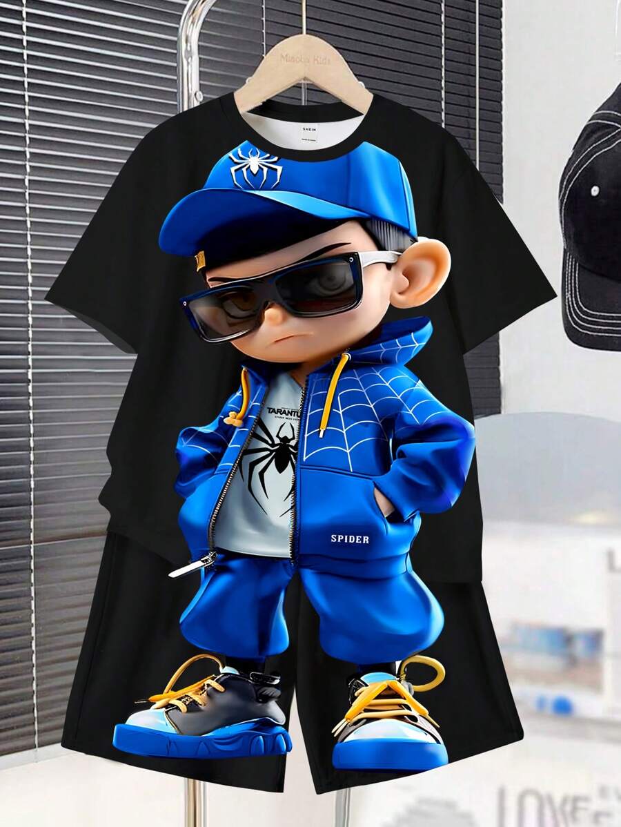 SHEIN Leap Crew Tween Boy Casual Minimalist Round Neck Short Sleeve & Shorts 2 Pieces Set, Suitable For Summer - White - View 1