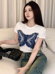 DAZY 女式圆领短袖透视T恤、短款上衣 - 白色 - 查看 9