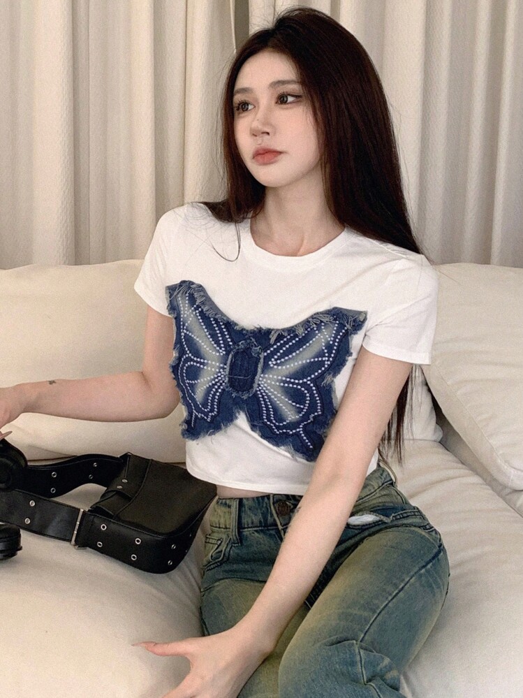 DAZY 女式圆领短袖透视T恤、短款上衣 - 白色 - 查看 9