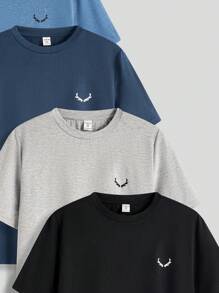 SHEIN 4pcs/Set Teen Boy Casual Solid Color Round Neck Loose Knit Short Sleeve T-Shirt, Multi-Color, School, Campus, College - Black - View 7