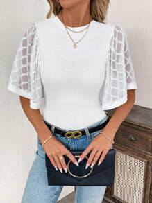 SHEIN Clasi Round Neck Ruffle Sleeve Form-Fitting Women Short Sleeve T-Shirt - White - View 4