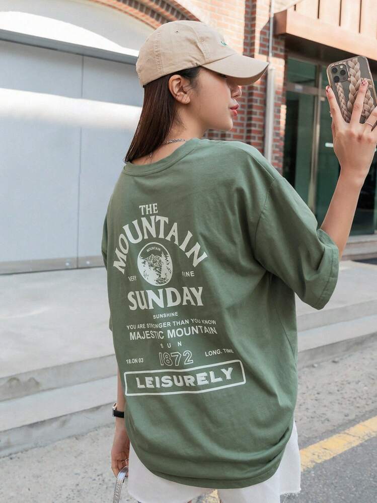 DAZY Letter Graphic Drop Shoulder Tee Summer Oversized T-Shirt - Green - View 9