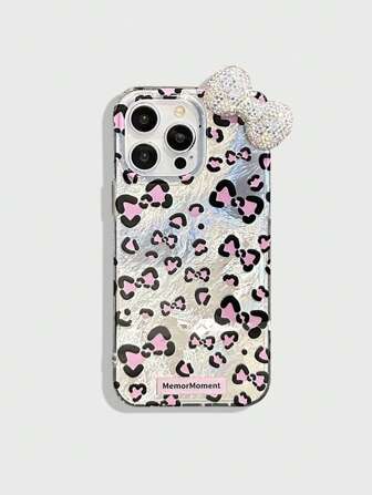 Kawaii Sweet& Spicy Leopard Print Bow Rhinestone Silicone Protective Phone Case Compatible With Iphone 12 13 14 Series