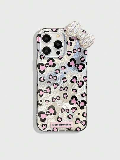 Kawaii Cover protettiva per telefono in silicone con stampa leopardata, fiocco e strass, compatibile con serie iPhone 12, 13 e 14