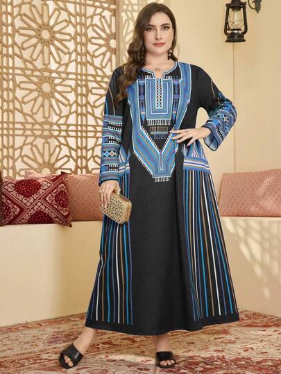 Al Najma 女士印花圆领长袖休闲连衣裙，加大码，阿拉伯风格