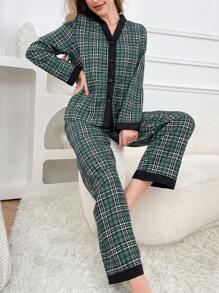 Conjunto de pijama informal de mujer con cuello en V a contraste y estampado de cuadros