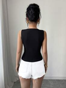 Elenzga 女士新款蝴蝶结装饰针织背心，休闲时尚春夏 - 黑色 - 查看 2