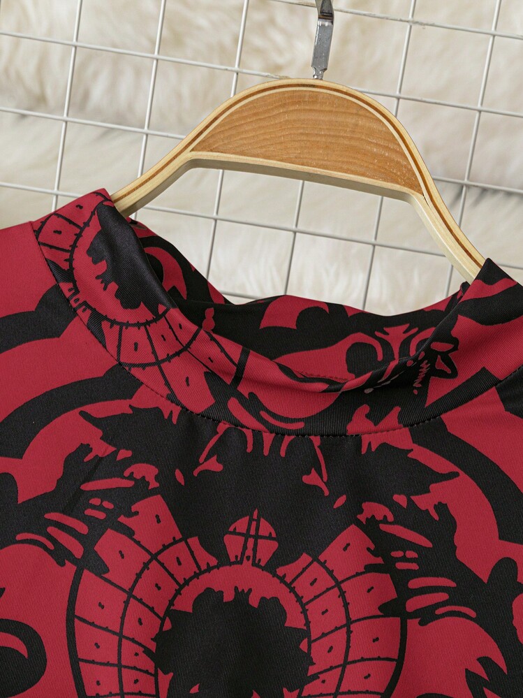 SHEIN LUNE Plus Size Women's Sexy Palace Style Printed High Neck Long Sleeve High Elasticity Fabric Bodysuit, Fashionable & Versatile For Autumn/Winter - Multicolor - View 3