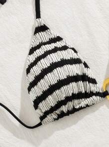 Bonvoyette 3pcs Women Spring Break Solid Color Textured Fabric Metal Decor Bikini Set For Summer Beach Vacation - Black and White - View 7