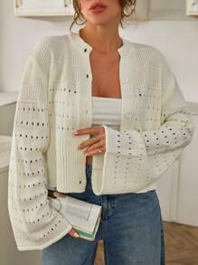 SHEIN Cottnline 女士前扣镂空春季开衫 - 杏色 - 查看 1