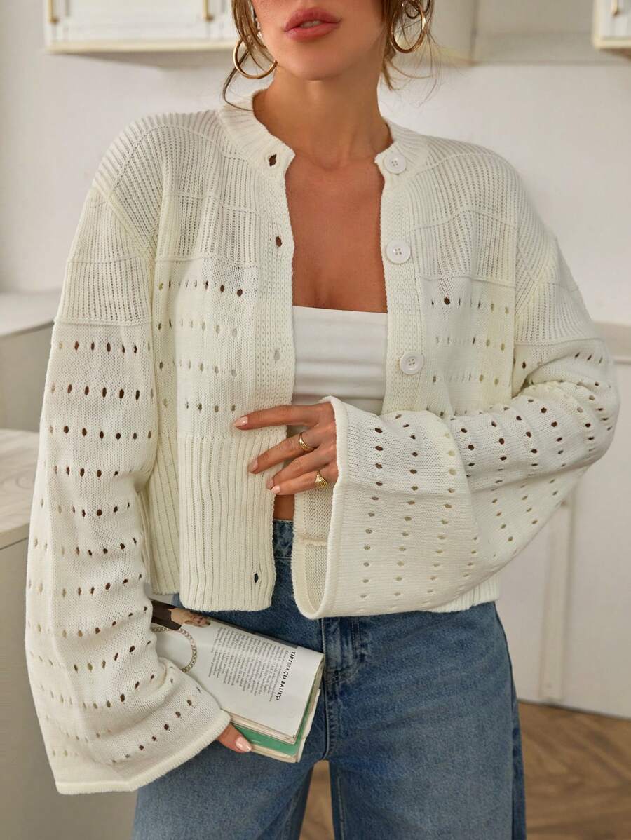 SHEIN Cottnline 女士前扣镂空春季开衫 - 杏色 - 查看 1