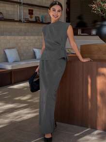 Livesso Old Money Casual Solid Color Pleated Tank Top + Long Skirt 2pcs Set For Women,Fall Clothes - Grey - View 4