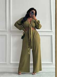 Slaydiva 优雅度假日常胸前打结衬衫领长袖阔腿连体裤大码女装 - B